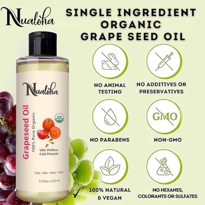 Nualoha ORGANIC GRAPE SEED OIL, 100% PURE COLD PRESSED OIL FOR ACNE PRONE SKIN, HAIR CARE, FACE CLEANSER, ANTI-AGING MOISTURIZER FOR WRINKLES AND STRETCH MARKS -220 ML - Image 3